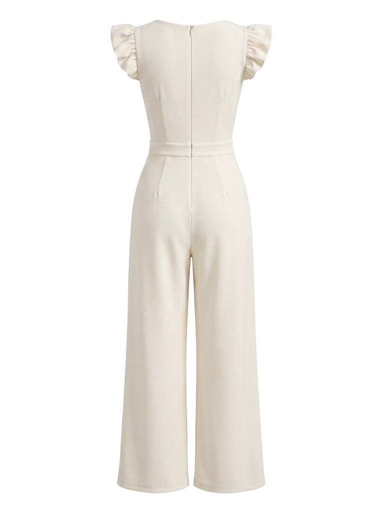Beige 1950s Ruffle Mesh Square Neck Jumpsuit, vintage romper, retro jumpsuit - perfect for women who love vintage and retro fashion