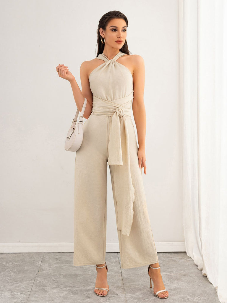 Beige 1950s Solid Lace-Up Halter Belted Jumpsuit - vintage jumpsuit, retro fashion