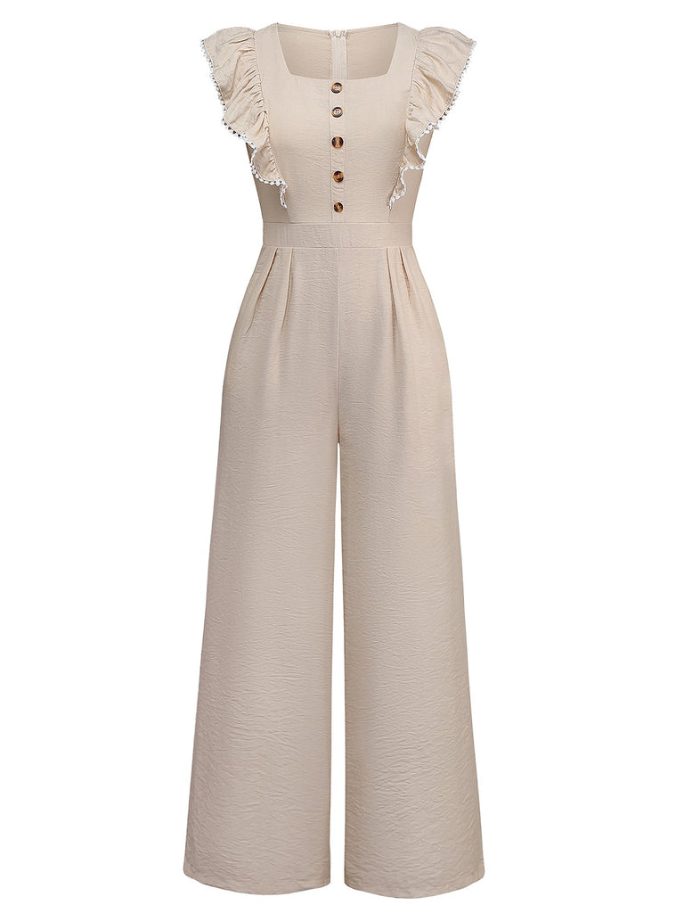 She finds her 1950s story in this Beige 1950s Solid Ruffled Cap Sleeves Jumpsuit