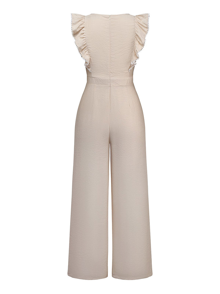 Beige 1950s Solid Ruffled Cap Sleeves Jumpsuit: timeless 1950s elegance she makes her own