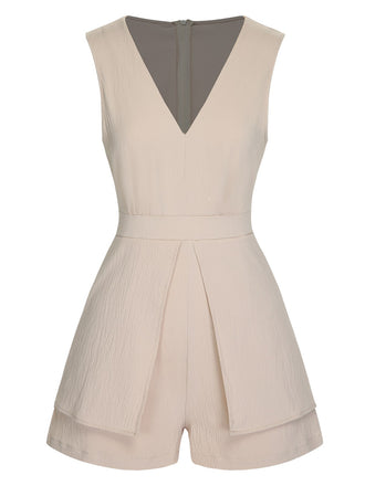 She finds her 1950s story in this Beige 1950s Solid V-Neck Sleeveless Romper