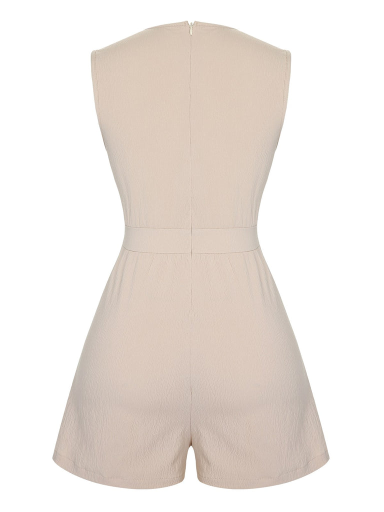 Beige 1950s Solid V-Neck Sleeveless Romper, vintage romper, retro jumpsuit - perfect for women who love vintage and retro fashion