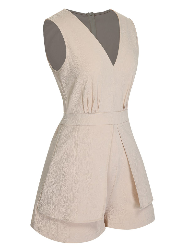 Beige 1950s Solid V-Neck Sleeveless Romper, vintage romper, retro jumpsuit - perfect for women who love vintage and retro fashion