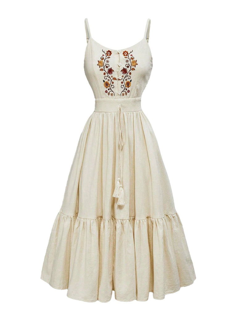 Beige-1950s-Spaghetti-Strap-Embroidered-Dress, vintage, retro, dress