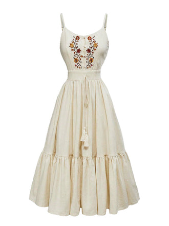 Beige-1950s-Spaghetti-Strap-Embroidered-Dress, vintage, retro, dress