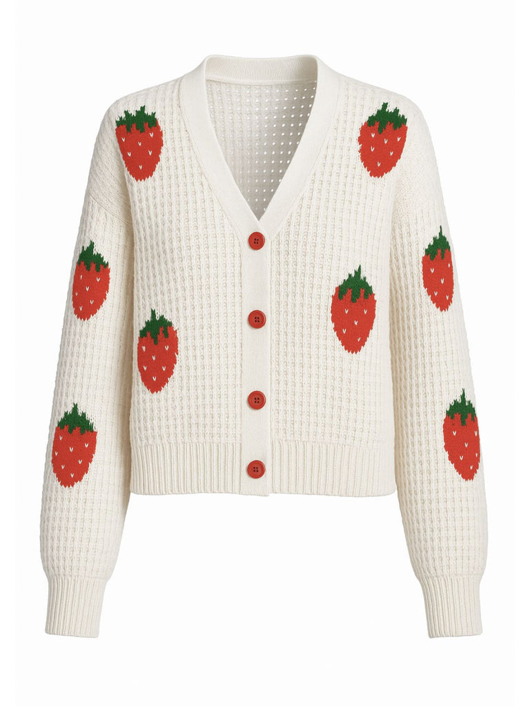 Beige 1950s Strawberry Drop Shoulder Knit Cardigan - vintage fashion, retro style