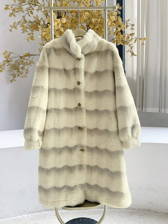 She throws on this Beige 1950s Stripe Faux Fur Plush Coat and the city feels like 1950s Paris