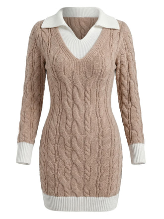 Beige 1960s Cable V-Neck Knit Sweater Bodycon Dress - vintage dress, retro fashion