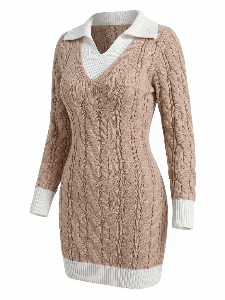 Beige 1960s Cable V-Neck Knit Sweater Bodycon Dress - vintage dress, retro fashion