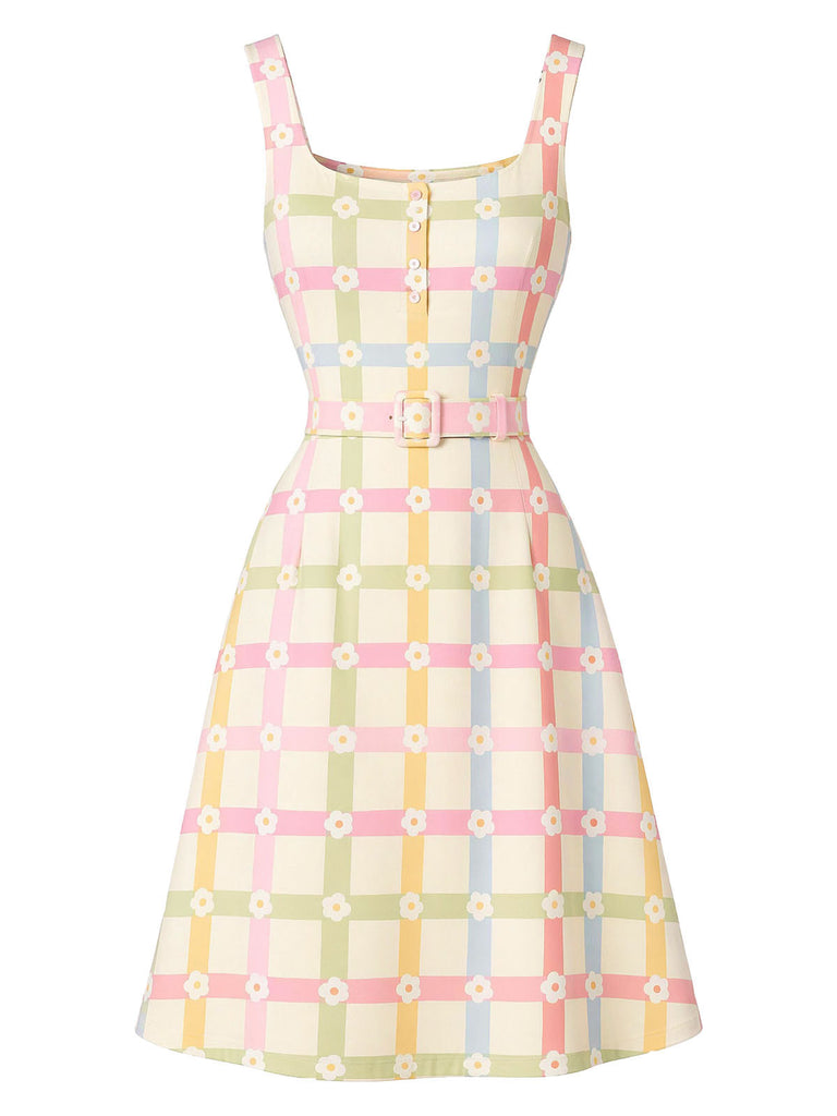 [Pre-Sale] Beige 1960s Plaid Floral Square Neck Dress 2