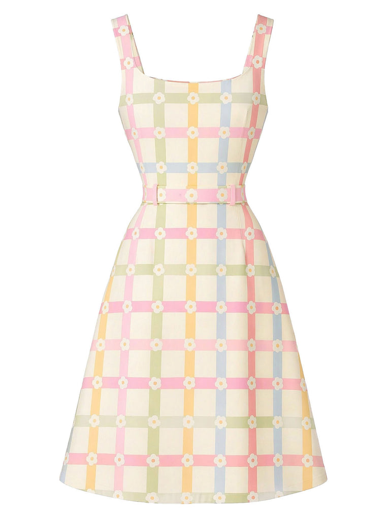 [Pre-Sale] Beige 1960s Plaid Floral Square Neck Dress 3