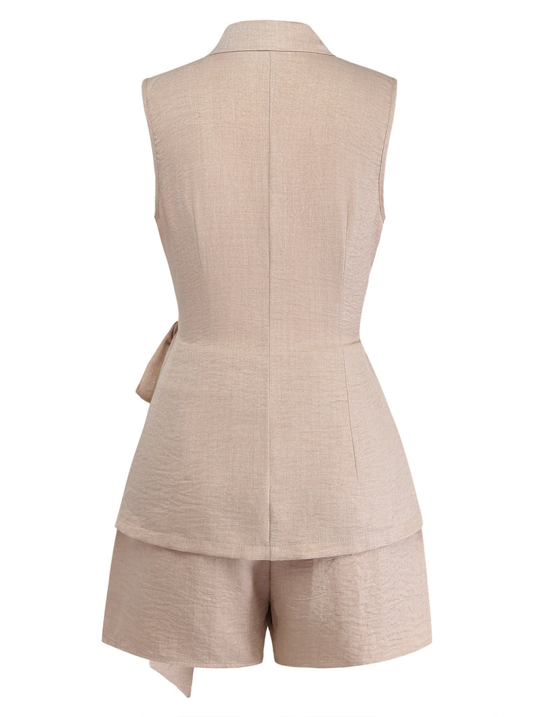 Beige 1960s Solid Suit Vest & Shorts Set | vintage outerwear, retro jacket, classic elegance - perfect for retro fashion enthusiasts