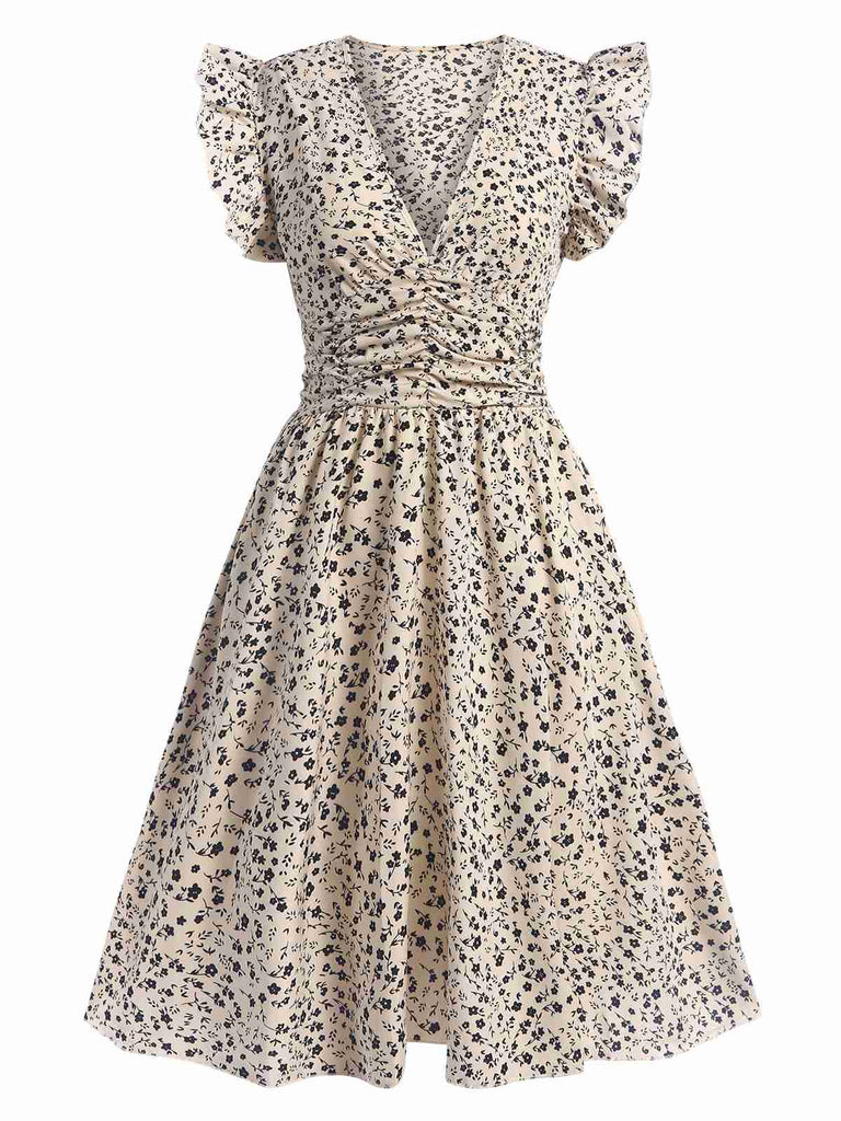 Beige 1960s V-Neck Ruffled Ditsy Floral Dress, vintage dress, retro fashion, floral print - perfect for women who love vintage and retro fashion