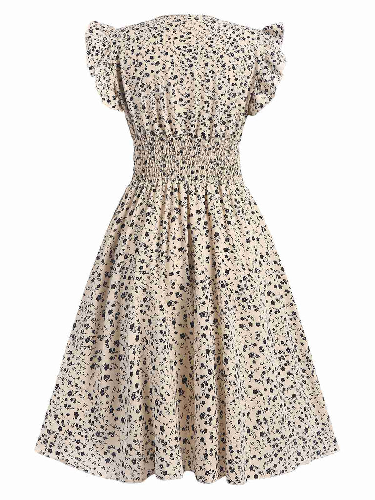 Beige 1960s V-Neck Ruffled Ditsy Floral Dress, vintage dress, retro fashion, floral print - perfect for women who love vintage and retro fashion