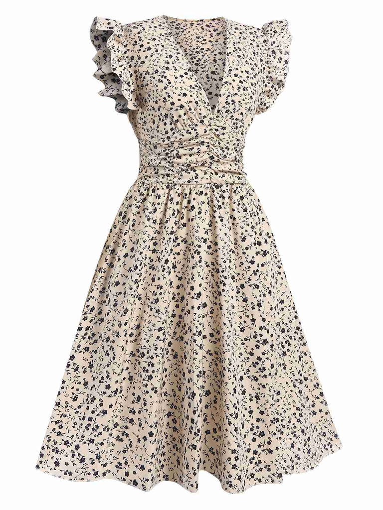 Beige 1960s V-Neck Ruffled Ditsy Floral Dress, vintage dress, retro fashion, floral print - perfect for women who love vintage and retro fashion