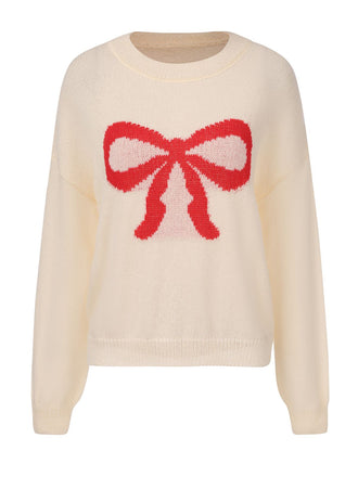 She finds her 1970s story in this Beige 1970s Christmas Bow Pattern Sweater