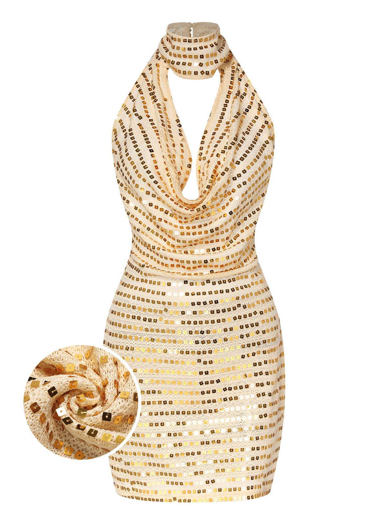 Beige 1970s Deep V-Neck Sequined Dress | Retro Stage