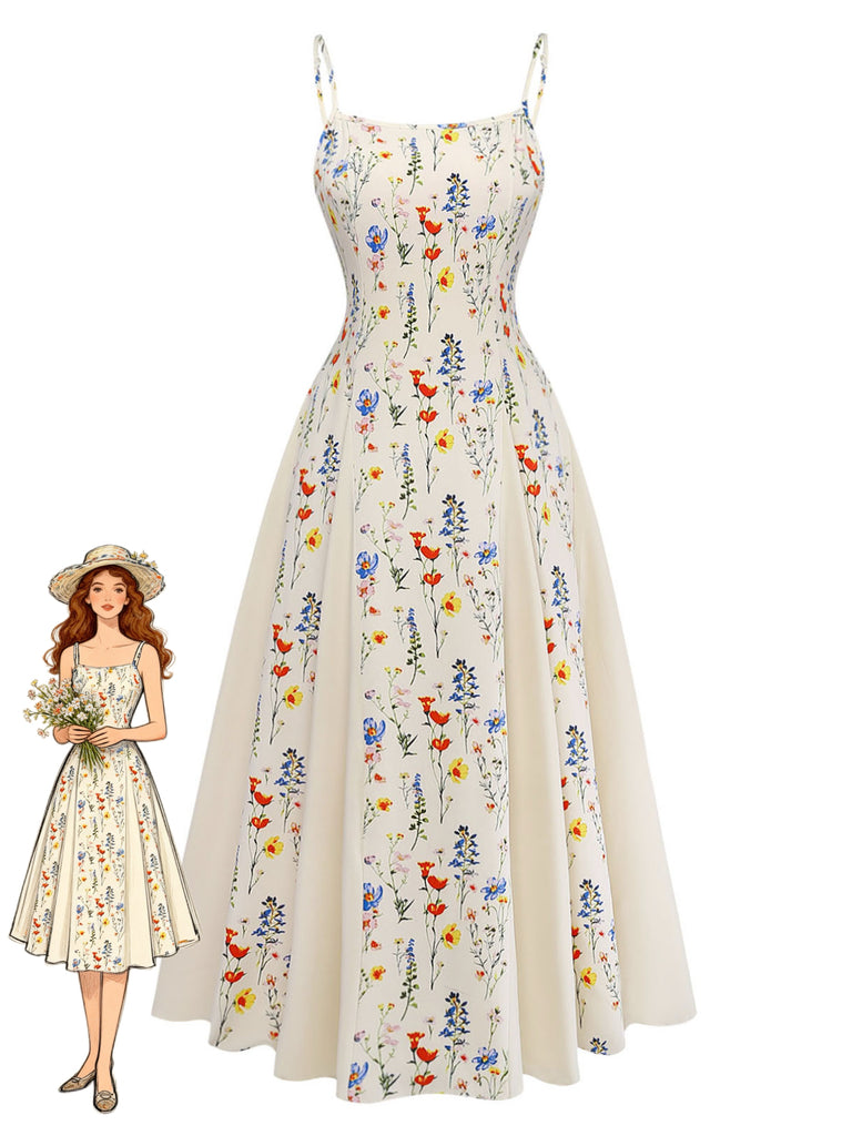 Elegant Beige 1970s Vintage Floral Dress 1