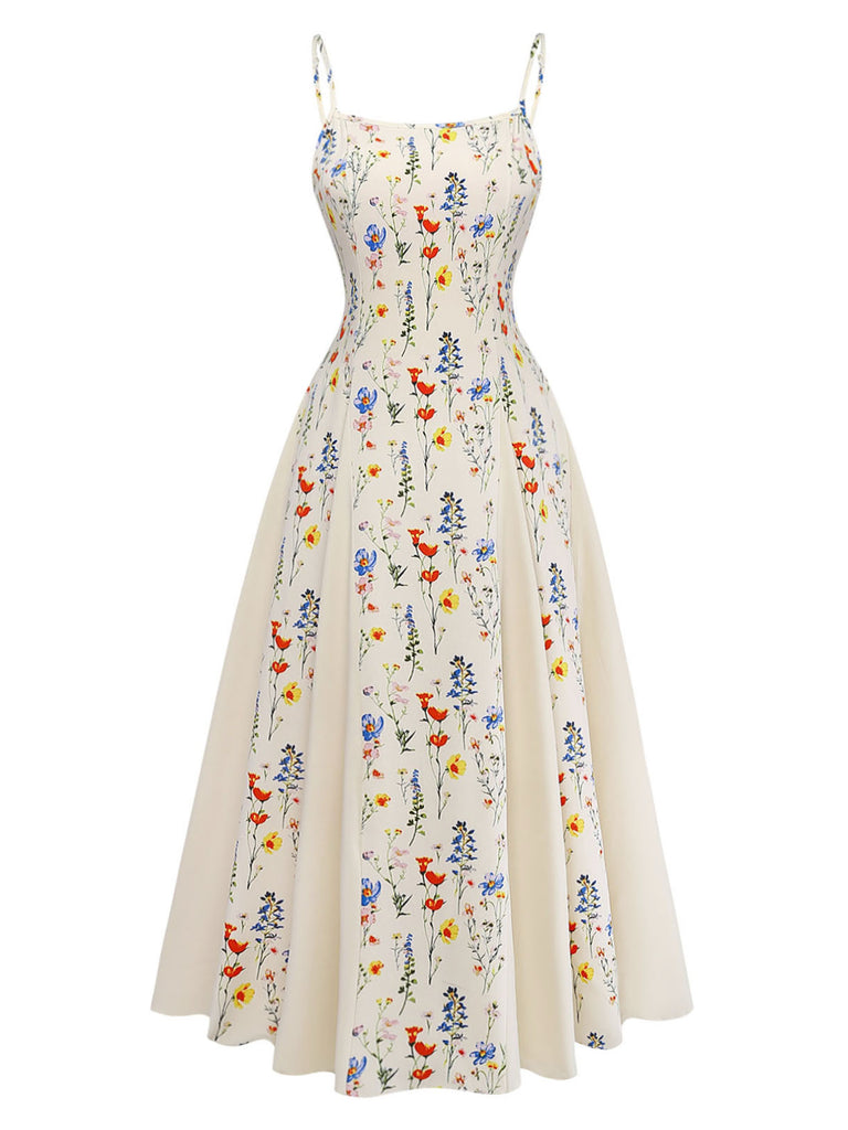 Elegant Beige 1970s Vintage Floral Dress 3