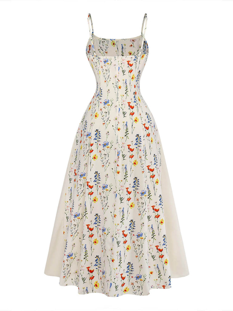 beige ditsy floral dress Beige 1970s Ditsy Floral Spaghetti Strap Fit Midi Dress