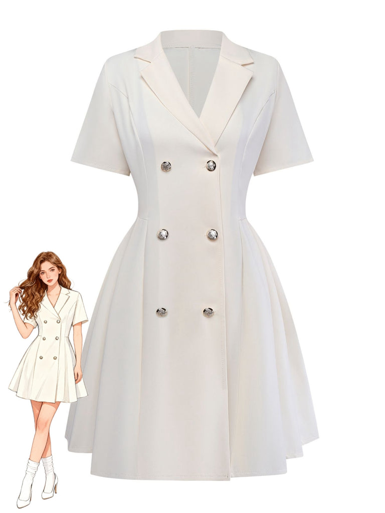 Beige 1970s Double Breasted Lapel Pleated Dress - vintage dress, retro fashion