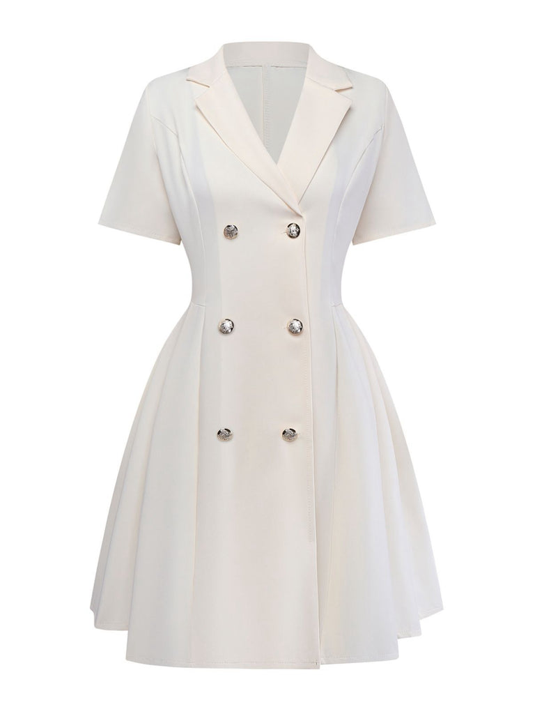 Beige 1970s Double Breasted Lapel Pleated Dress - vintage dress, retro fashion
