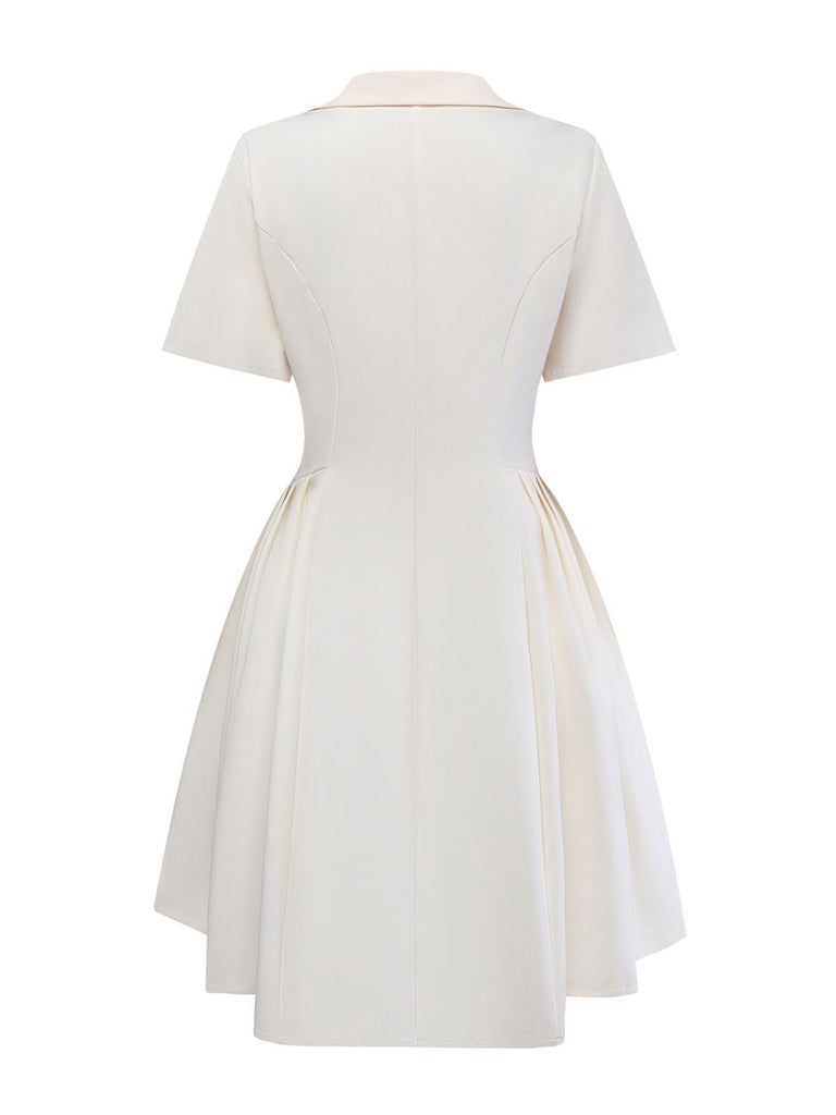 Beige 1970s Double Breasted Lapel Pleated Dress - vintage dress, retro fashion
