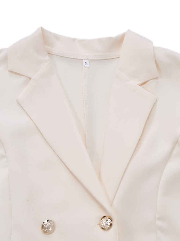 Beige 1970s Double Breasted Lapel Pleated Dress - vintage dress, retro fashion