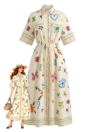 Beige 1970s Folk Floral Half Sleeve Shirt Maxi Dress, vintage dress, retro fashion, floral print - perfect for women who love vintage and retro fashion