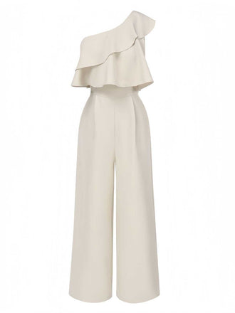 She finds her 1970s story in this Beige 1970s One-Shoulder Tiered Ruffles Jumpsuit