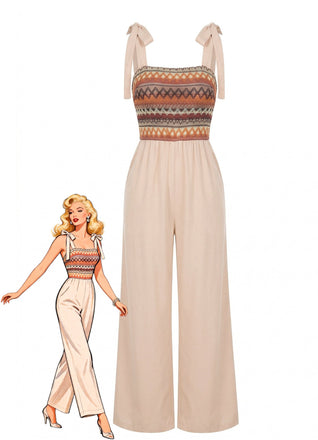 Beige 1970s Tie Spaghetti Strap Patchwork Jumpsuit - vintage jumpsuit, retro fashion