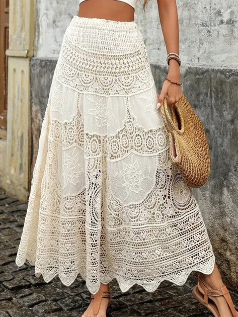 Beige 1980s Lace Patchwork A-Line Skirt | Retro Stage