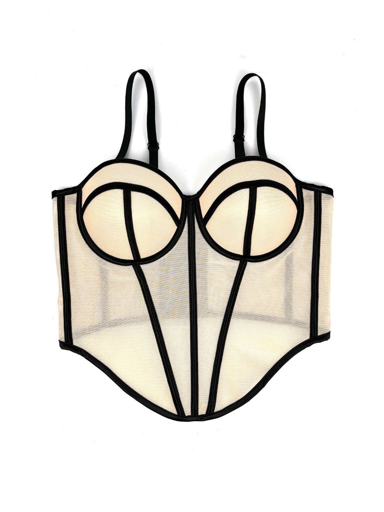 Beige 1980s Sheer Steampunk Herringbone Corset - vintage fashion, retro style