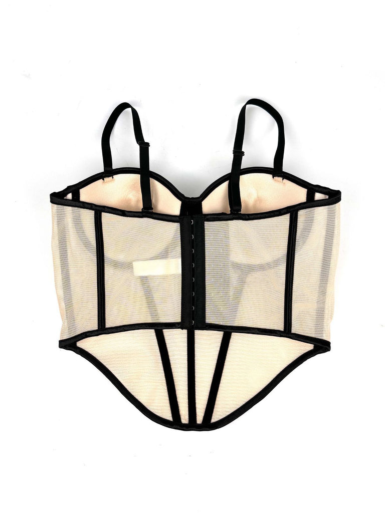 Beige 1980s Sheer Steampunk Herringbone Corset - vintage fashion, retro style
