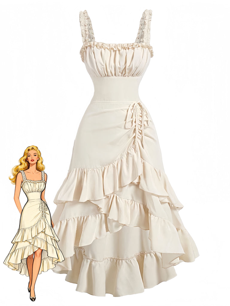 Beige 1980s Solid Ruffled Hem Suspender Dress | Retro Stage