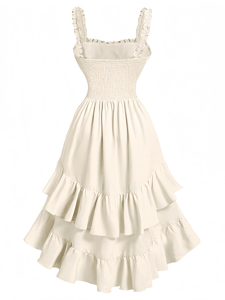 Beige 1980s Solid Ruffled Hem Suspender Dress | vintage dress, retro fashion, elegant style - perfect for retro fashion enthusiasts