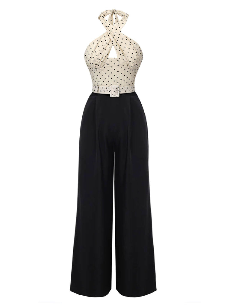 Beige & Black 1950s Heart Dots Halter Jumpsuit, vintage romper, retro jumpsuit - perfect for women who love vintage and retro fashion