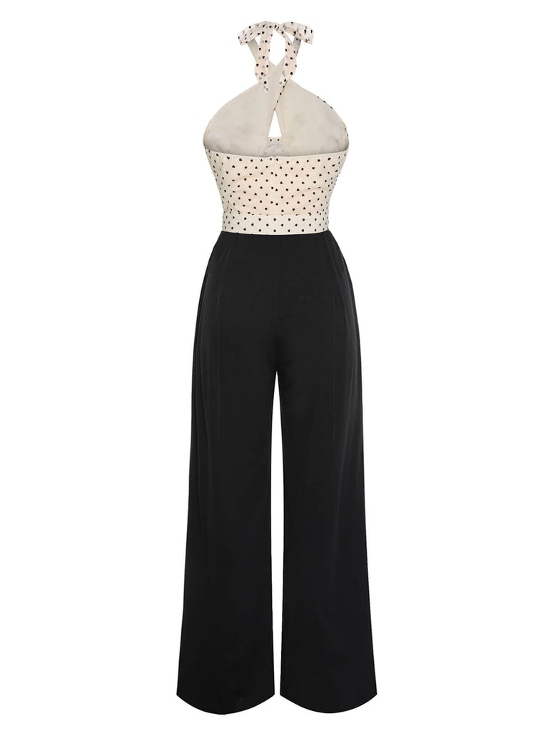 Beige & Black 1950s Heart Dots Halter Jumpsuit, vintage romper, retro jumpsuit - perfect for women who love vintage and retro fashion