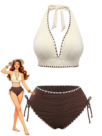 Beige Brown 1950s Halter High-Waist Ribbed Bikini Set - vintage swimwear, retro swimsuit, pin-up style for vintage lovers