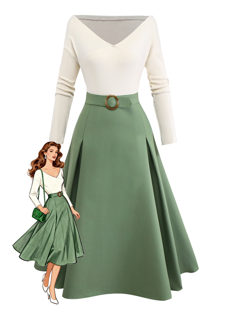 Beige & Green 1950s Knit Off-Shoulder Pleated Dress Beige & Green 1950s Knit Off-Shoulder Pleated Dress