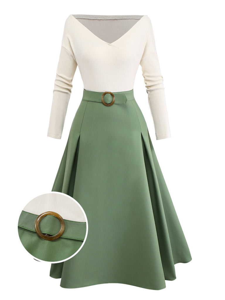 Beige & Green 1950s Knit Off-Shoulder Pleated Dress Beige & Green 1950s Knit Off-Shoulder Pleated Dress