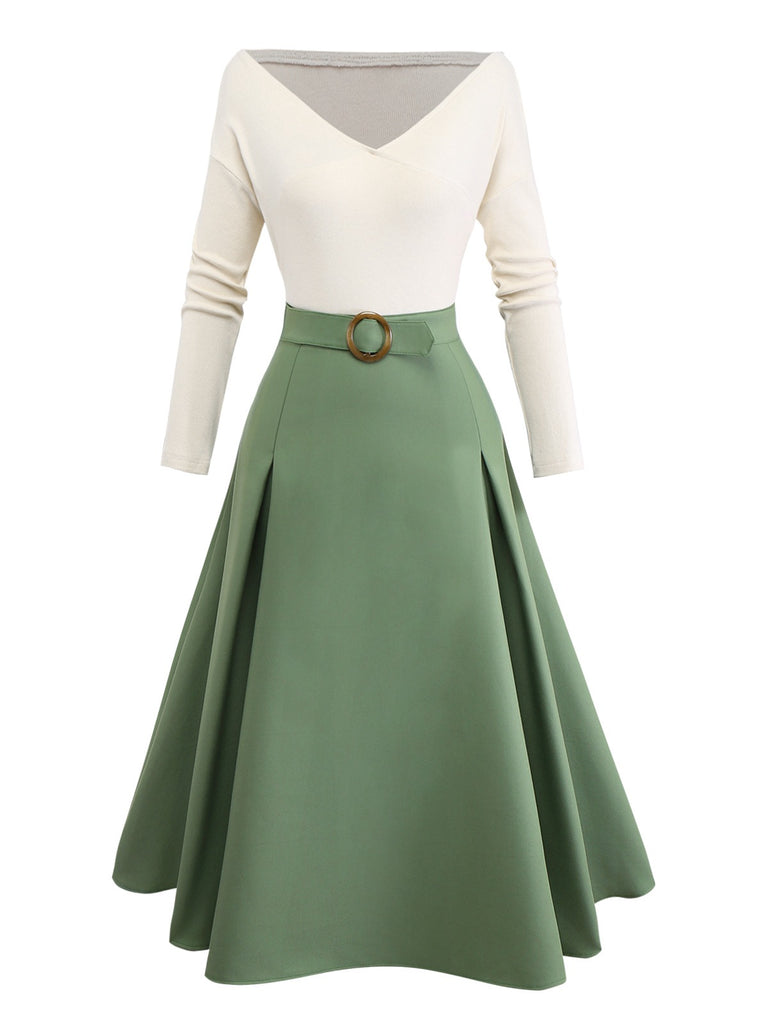 Beige & Green 1950s Knit Off-Shoulder Pleated Dress