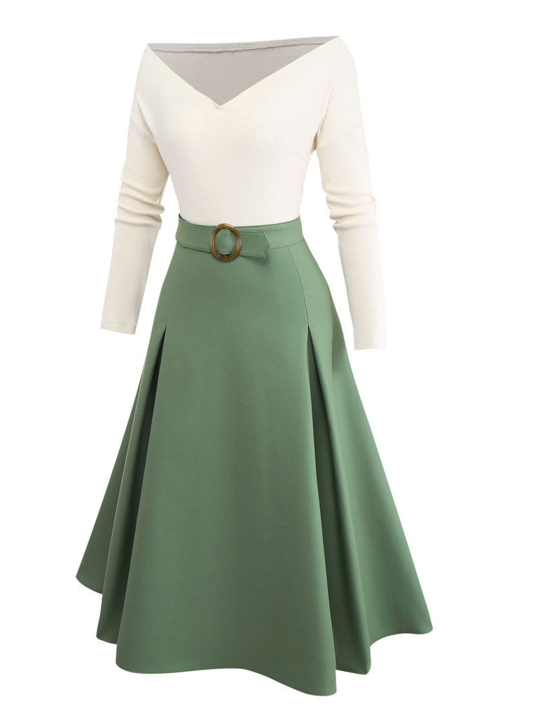 Beige & Green 1950s Knit Off-Shoulder Pleated Dress
