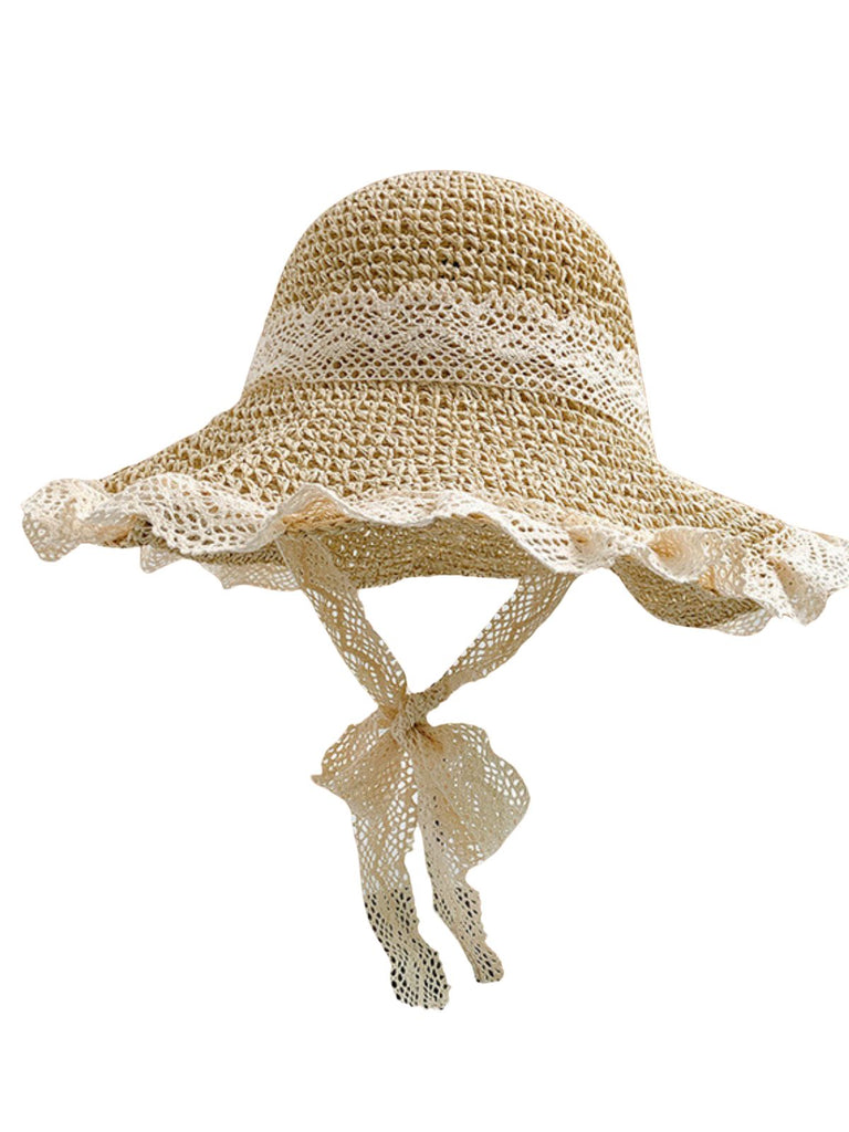 Beige Lace Woven Straw Beach Sun Hat - vintage fashion, retro style