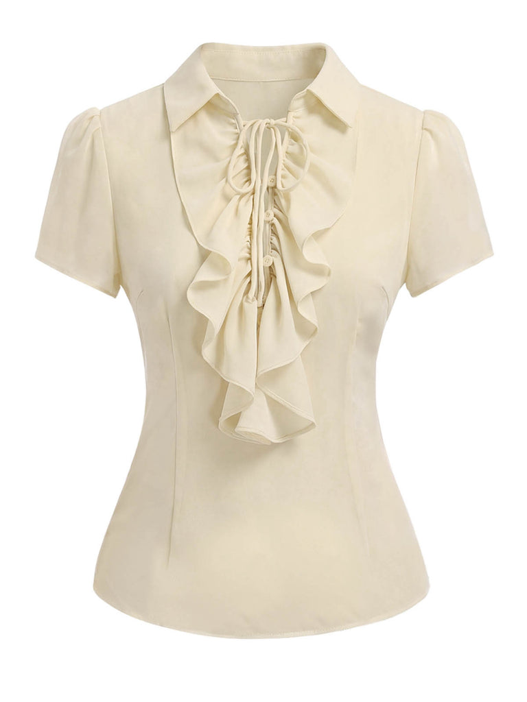 Beige 1960s Victorian Ruffled Front Tie Button Blouse front view