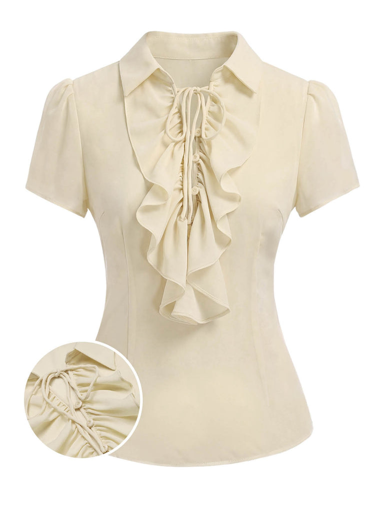 Beige 1960s Victorian Ruffled Front Tie Button Blouse detail view