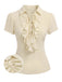 Beige 1960s Victorian Ruffled Front Tie Button Blouse detail view