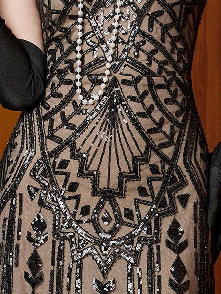Retro Stage 1920s Art Deco Sequin Beaded Gatsby Dress | Black & Nude Flapper Maxi Gown Retro Stage 1920s Art Deco Sequin Beaded Gatsby Dress | Black & Nude Flapper Maxi Gown