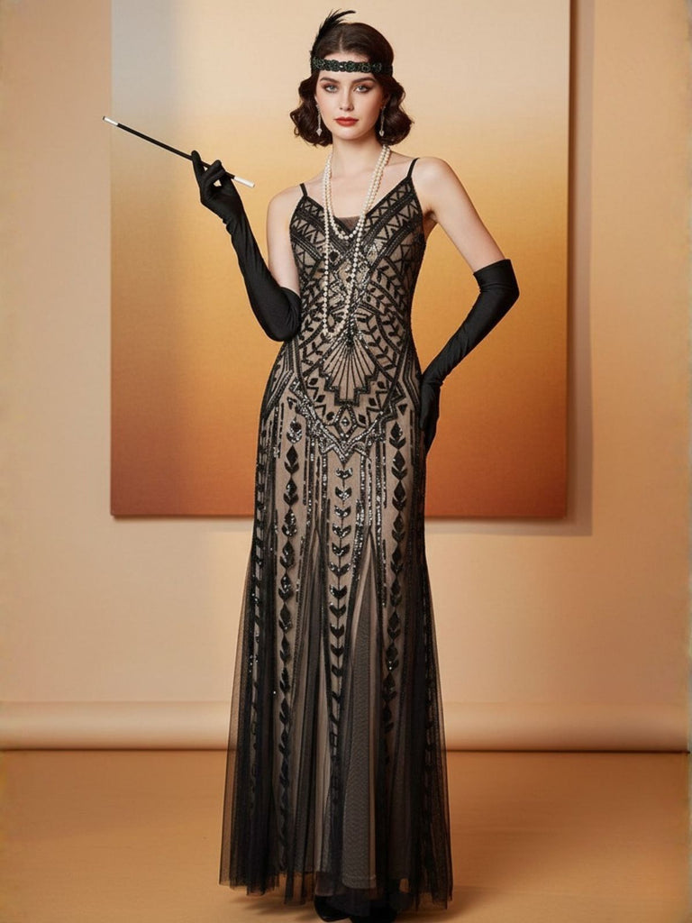 Black 1920s Gatsby Sequin Mesh Maxi Evening Dress - vintage dress, retro fashion, Gatsby party