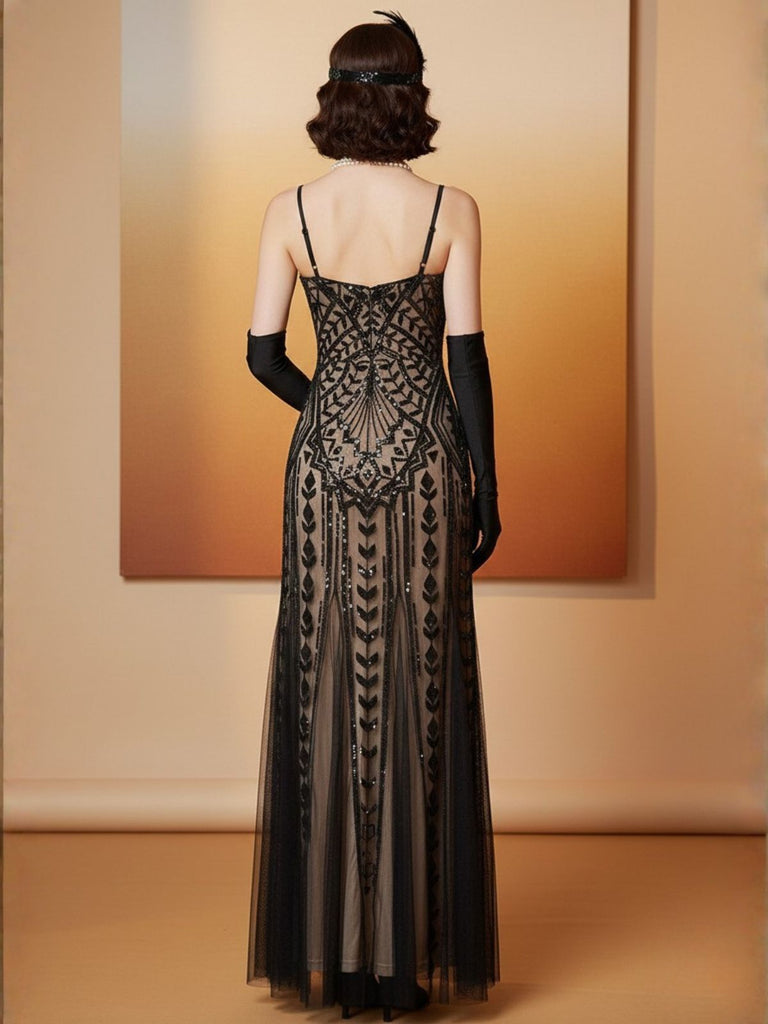 Black 1920s Gatsby Sequin Mesh Maxi Evening Dress - vintage dress, retro fashion, Gatsby party